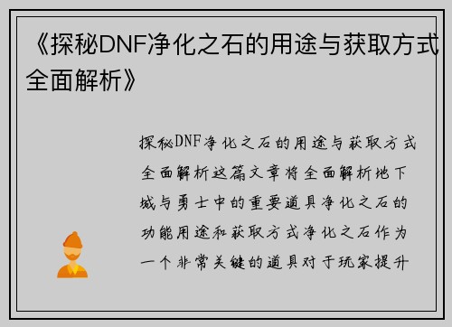 《探秘DNF净化之石的用途与获取方式全面解析》