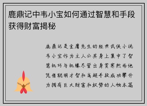 鹿鼎记中韦小宝如何通过智慧和手段获得财富揭秘